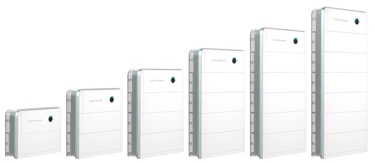 Visual lineup of PointGuard Home energy systems showing different battery sizes and configurations from 5.38 kWh to 37.62 kWh